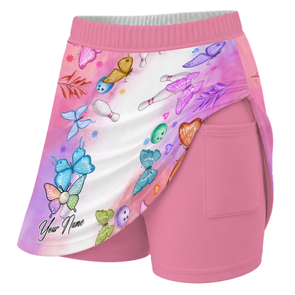 Customized Bowling Trouser Skirts With Shorts Underneath, Bowling Whimsical Butterfly Watercolor With Pockets