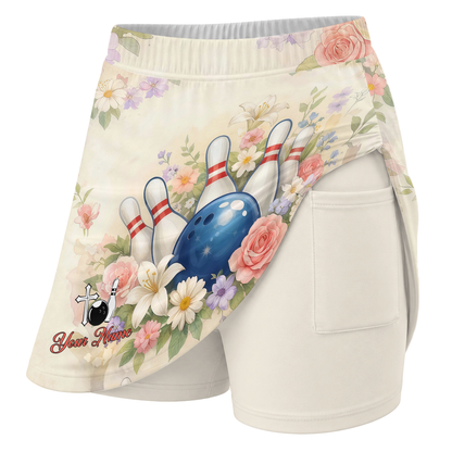 Customized Bowling Trouser Skirts With Shorts Underneath, Bowling Pastel Flower Christian With Pockets