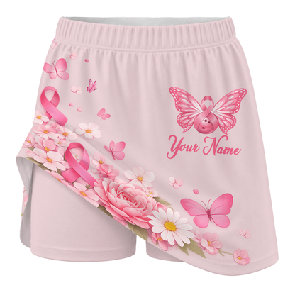 Customized Bowling Trouser Skirts With Shorts Underneath, Bowling Pink Ribbon Butterfly Flower With Pockets