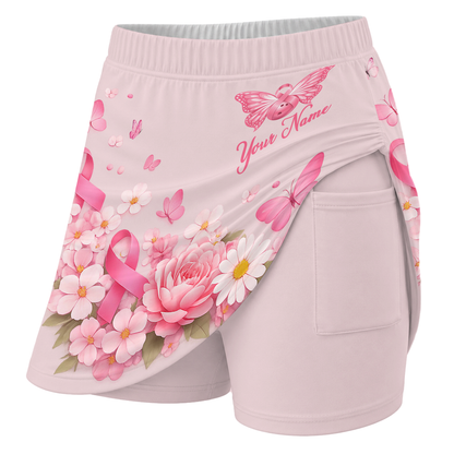 Customized Bowling Trouser Skirts With Shorts Underneath, Bowling Pink Ribbon Butterfly Flower With Pockets