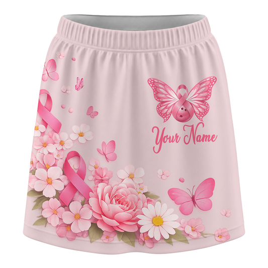 Customized Bowling Trouser Skirts With Shorts Underneath, Bowling Pink Ribbon Butterfly Flower With Pockets