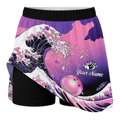 Customized Bowling Trouser Skirts With Shorts Underneath, Bowling Purple Pink Ocean Wave With Pockets