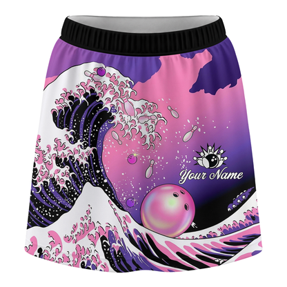 Customized Bowling Trouser Skirts With Shorts Underneath, Bowling Purple Pink Ocean Wave With Pockets
