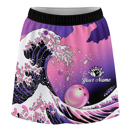 Customized Bowling Trouser Skirts With Shorts Underneath, Bowling Purple Pink Ocean Wave With Pockets