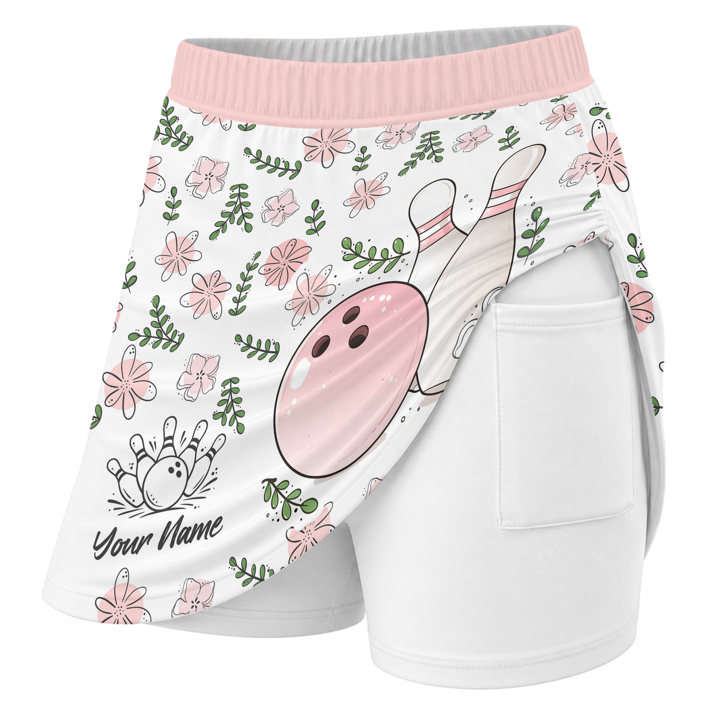 Customized Bowling Trouser Skirts With Shorts Underneath, Bowling Pink Floral White Pastel With Pockets