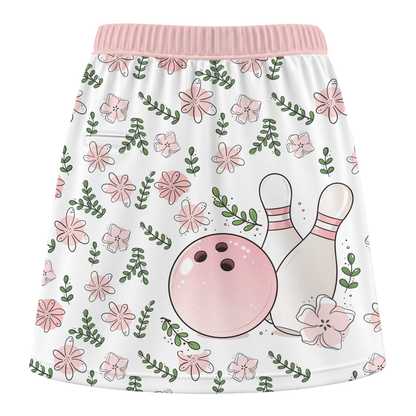 Customized Bowling Trouser Skirts With Shorts Underneath, Bowling Pink Floral White Pastel With Pockets
