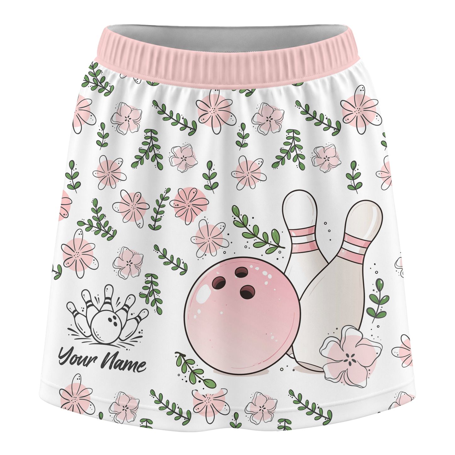 Customized Bowling Trouser Skirts With Shorts Underneath, Bowling Pink Floral White Pastel With Pockets
