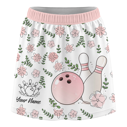 Customized Bowling Trouser Skirts With Shorts Underneath, Bowling Pink Floral White Pastel With Pockets