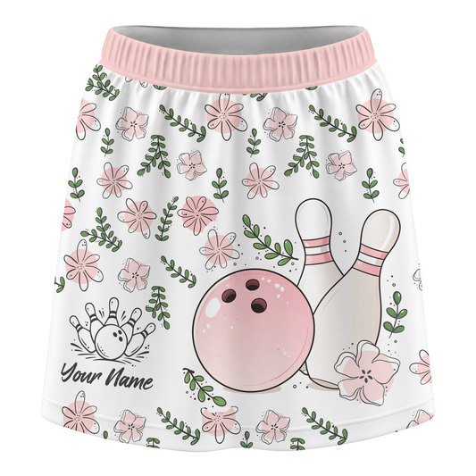 Customized Bowling Trouser Skirts With Shorts Underneath, Bowling Pink Floral White Pastel With Pockets