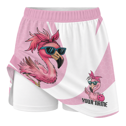 Customized Bowling Trouser Skirts With Shorts Underneath, Bowling White Pink Flamingo Lady With Pockets