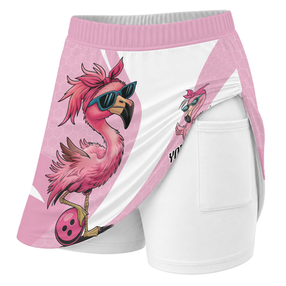 Customized Bowling Trouser Skirts With Shorts Underneath, Bowling White Pink Flamingo Lady With Pockets