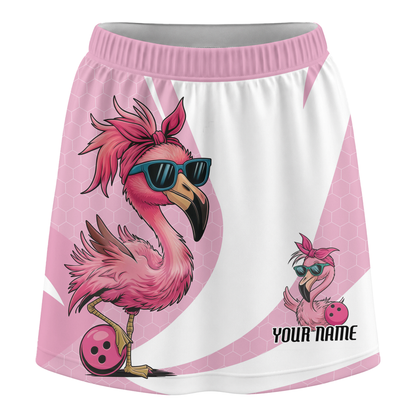 Customized Bowling Trouser Skirts With Shorts Underneath, Bowling White Pink Flamingo Lady With Pockets
