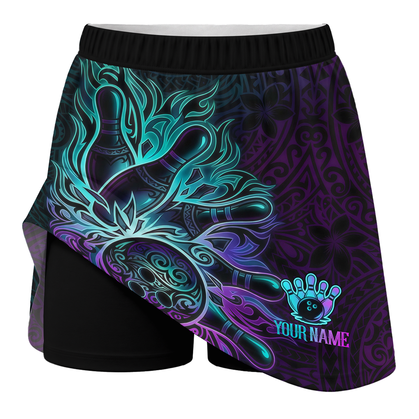 Customized Bowling Trouser Skirts With Shorts Underneath, Bowling Maori Tattoo Neon Teal Purple With Pockets