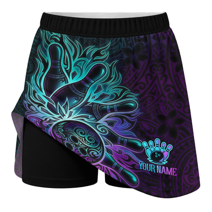 Customized Bowling Trouser Skirts With Shorts Underneath, Bowling Maori Tattoo Neon Teal Purple With Pockets
