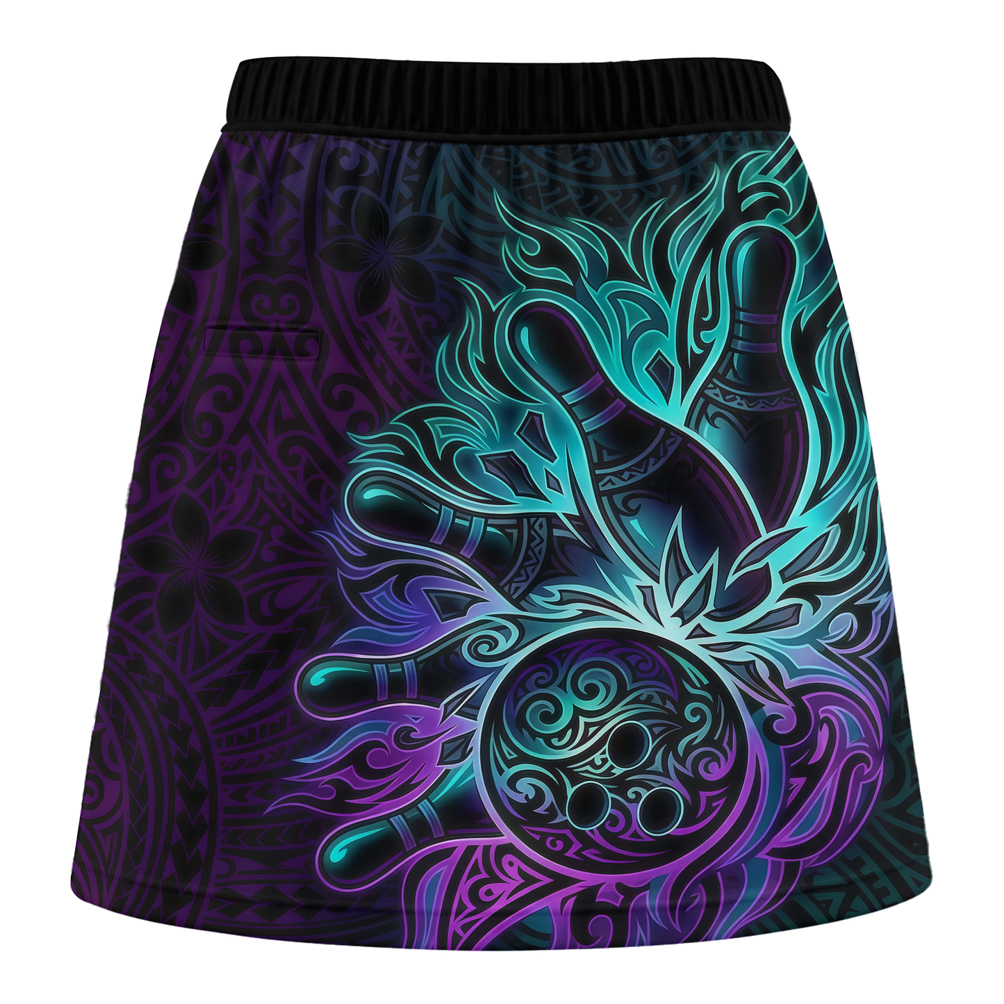 Customized Bowling Trouser Skirts With Shorts Underneath, Bowling Maori Tattoo Neon Teal Purple With Pockets
