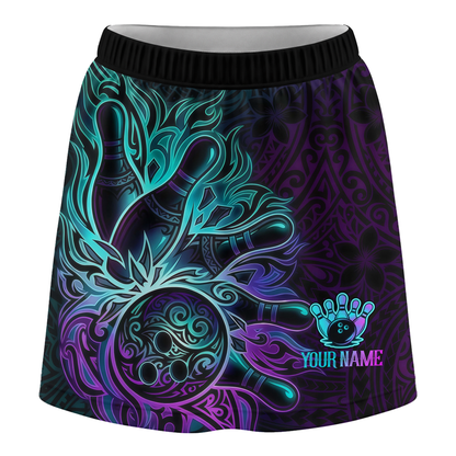 Customized Bowling Trouser Skirts With Shorts Underneath, Bowling Maori Tattoo Neon Teal Purple With Pockets