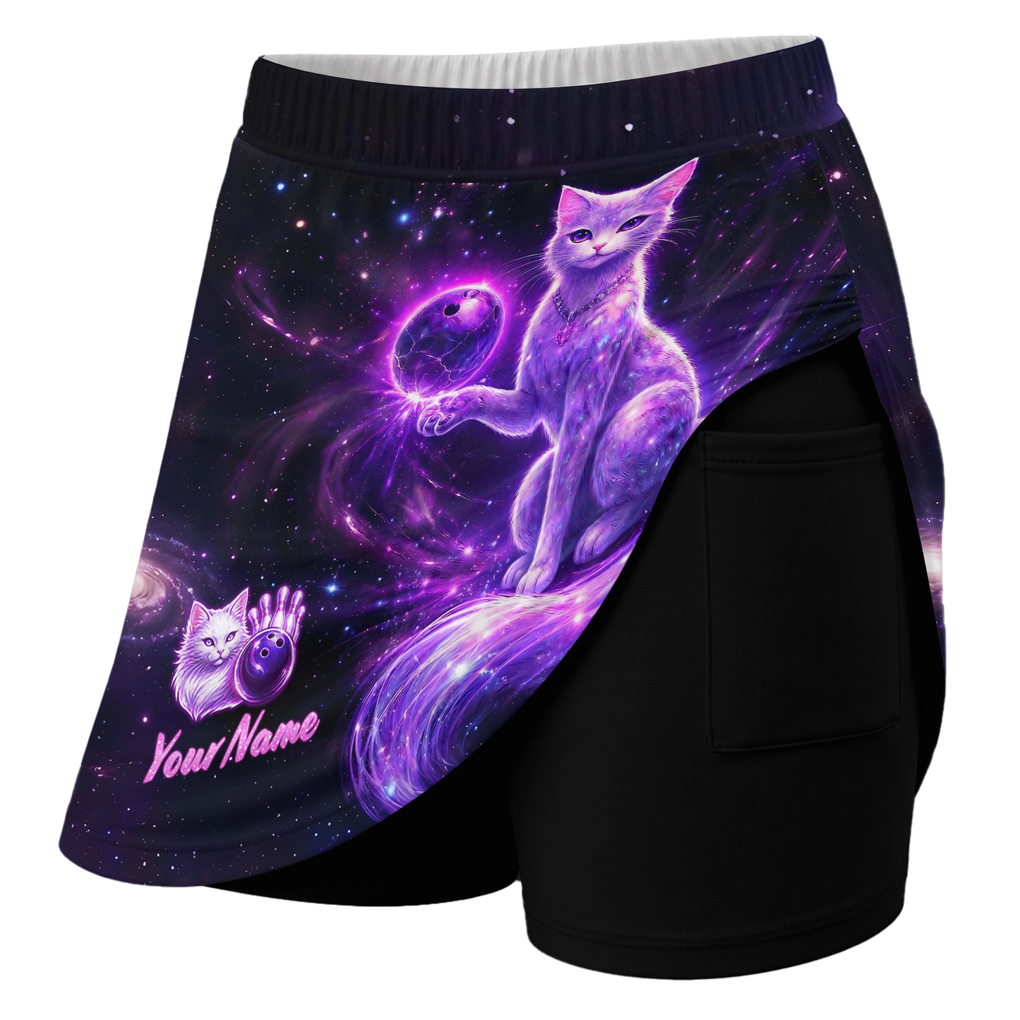 Customized Bowling Trouser Skirts With Shorts Underneath, Bowling Magical Kitty With Pockets