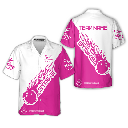 Customized Bowling Team Shirt, Bowling Strike White And Pink Uniform Shirt, Perfect Outfit For Bowlers, Bowling Team