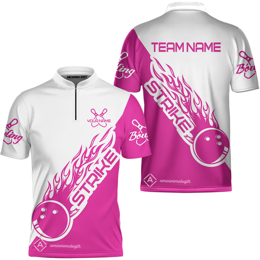 Customized Bowling Team Shirt, Bowling Strike White And Pink Uniform Shirt, Perfect Outfit For Bowlers, Bowling Team