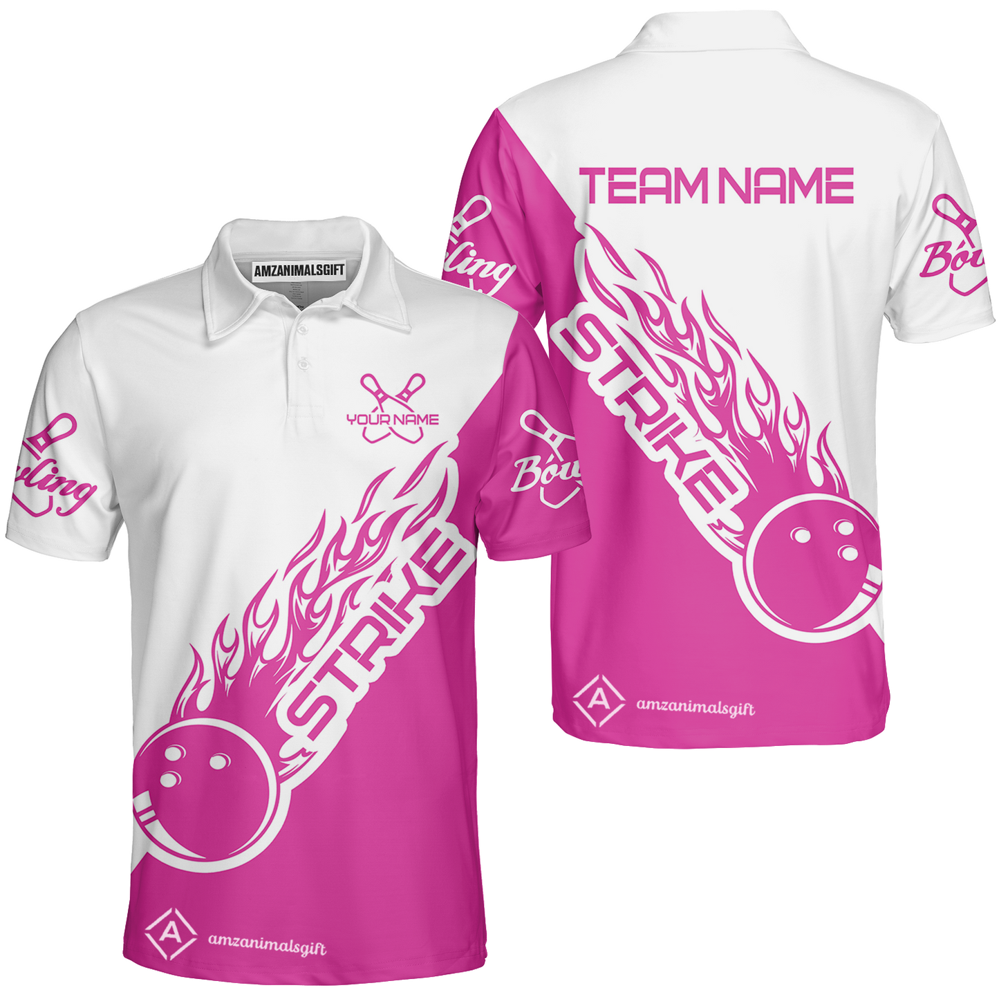 Customized Bowling Team Shirt, Bowling Strike White And Pink Uniform Shirt, Perfect Outfit For Bowlers, Bowling Team