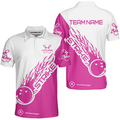 Customized Bowling Team Shirt, Bowling Strike White And Pink Uniform Shirt, Perfect Outfit For Bowlers, Bowling Team