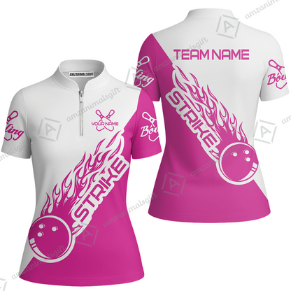Customized Bowling Team Shirt, Bowling Strike White And Pink Uniform Shirt, Perfect Outfit For Bowlers, Bowling Team
