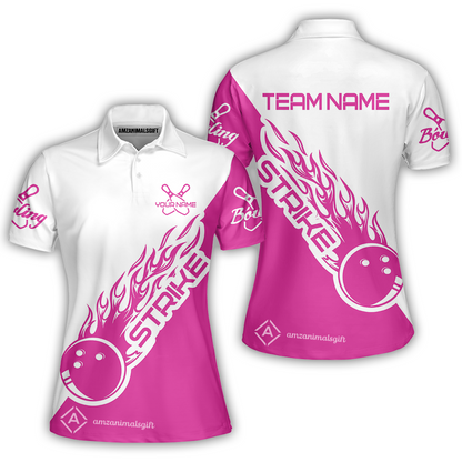 Customized Bowling Team Shirt, Bowling Strike White And Pink Uniform Shirt, Perfect Outfit For Bowlers, Bowling Team