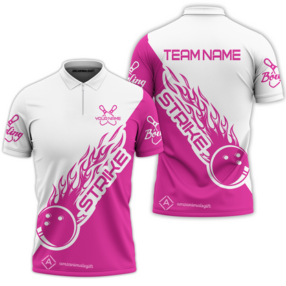 Customized Bowling Team Shirt, Bowling Strike White And Pink Uniform Shirt, Perfect Outfit For Bowlers, Bowling Team