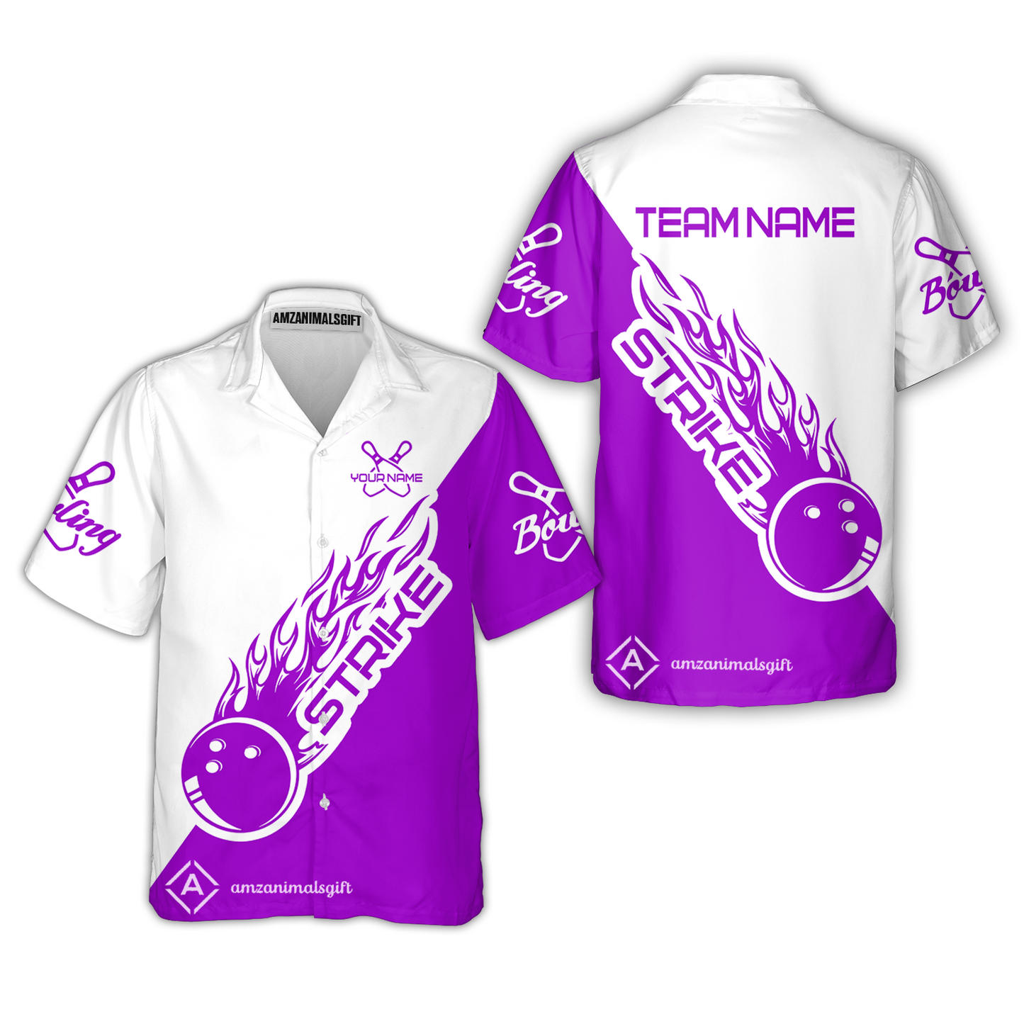 Customized Bowling Team Shirt, Bowling Strike White And Purple Uniform Shirt, Perfect Outfit For Bowlers, Bowling Team