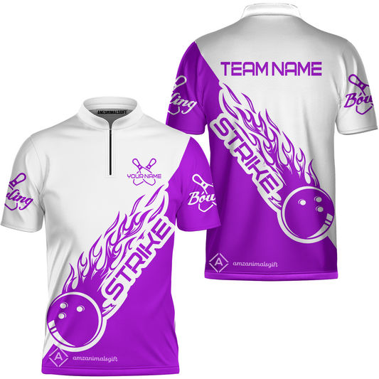 Customized Bowling Team Shirt, Bowling Strike White And Purple Uniform Shirt, Perfect Outfit For Bowlers, Bowling Team