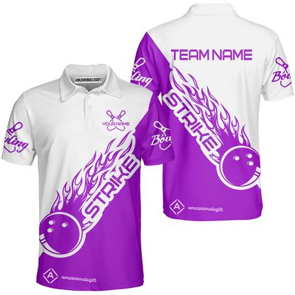 Customized Bowling Team Shirt, Bowling Strike White And Purple Uniform Shirt, Perfect Outfit For Bowlers, Bowling Team