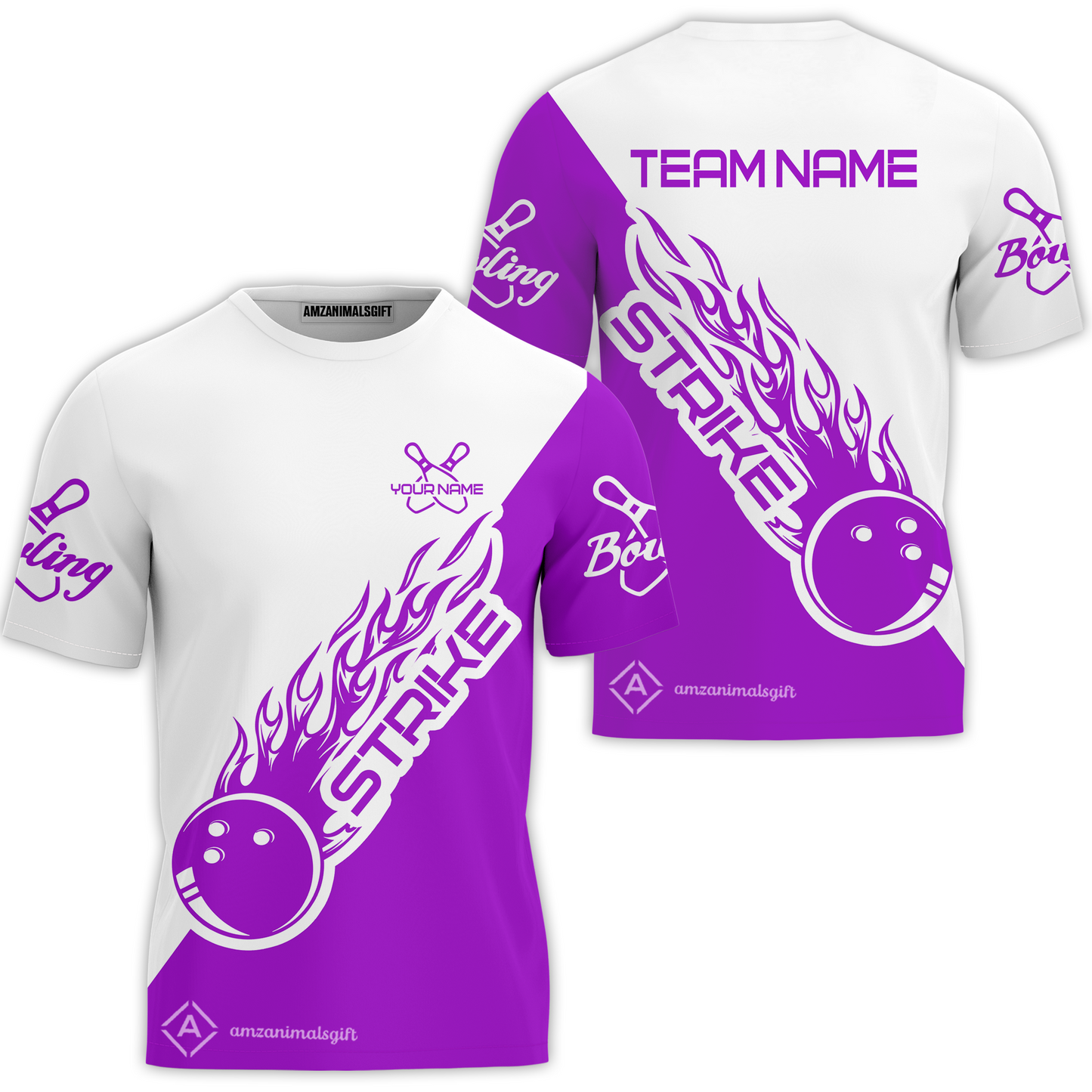 Customized Bowling Team Shirt, Bowling Strike White And Purple Uniform Shirt, Perfect Outfit For Bowlers, Bowling Team