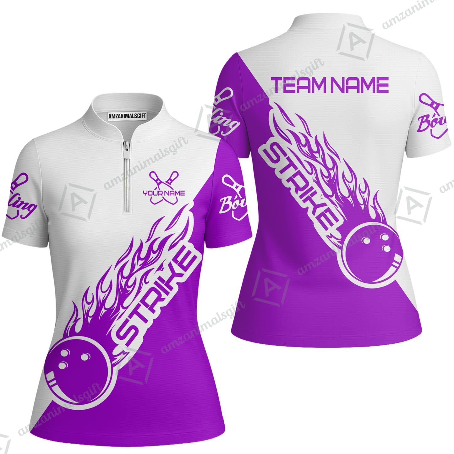 Customized Bowling Team Shirt, Bowling Strike White And Purple Uniform Shirt, Perfect Outfit For Bowlers, Bowling Team