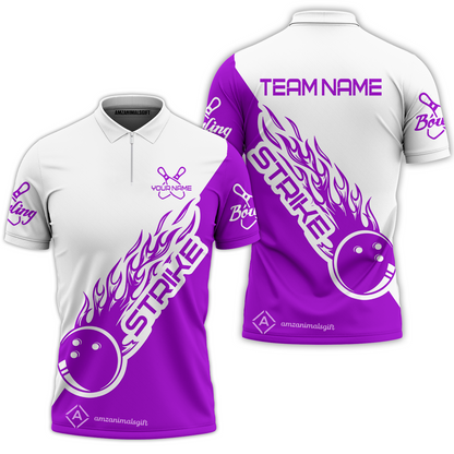 Customized Bowling Team Shirt, Bowling Strike White And Purple Uniform Shirt, Perfect Outfit For Bowlers, Bowling Team