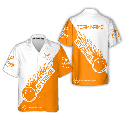 Customized Bowling Team Shirt, Bowling Strike White And Orange Uniform Shirt, Perfect Outfit For Bowlers, Bowling Team