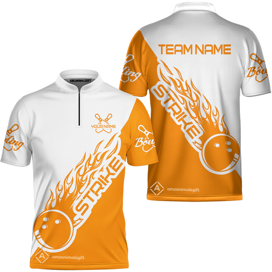 Customized Bowling Team Shirt, Bowling Strike White And Orange Uniform Shirt, Perfect Outfit For Bowlers, Bowling Team