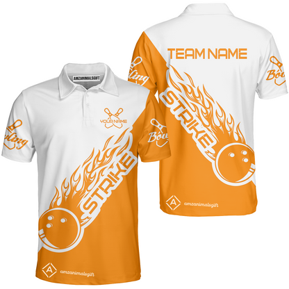 Customized Bowling Team Shirt, Bowling Strike White And Orange Uniform Shirt, Perfect Outfit For Bowlers, Bowling Team