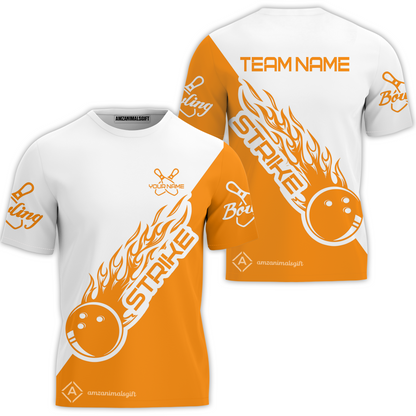 Customized Bowling Team Shirt, Bowling Strike White And Orange Uniform Shirt, Perfect Outfit For Bowlers, Bowling Team