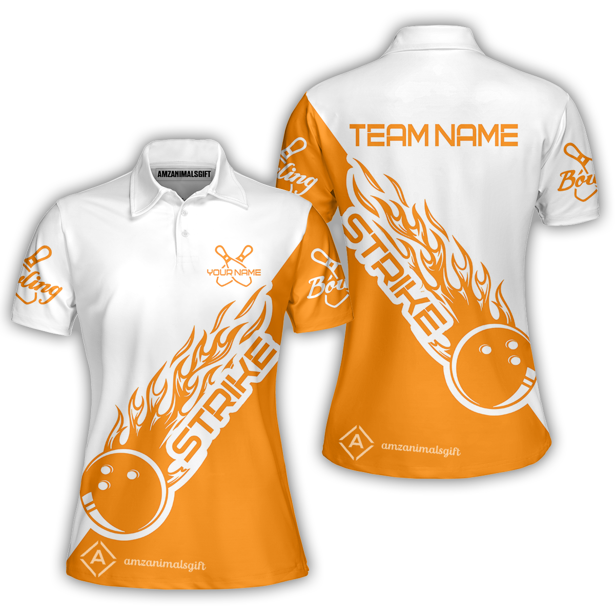 Customized Bowling Team Shirt, Bowling Strike White And Orange Uniform Shirt, Perfect Outfit For Bowlers, Bowling Team