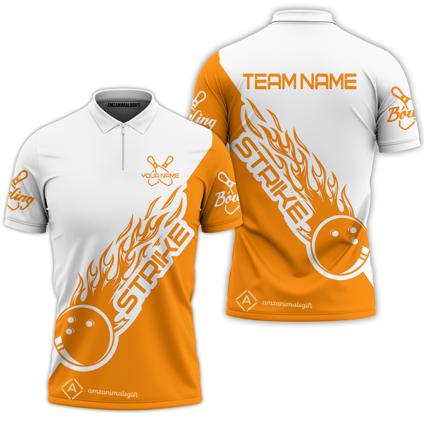 Customized Bowling Team Shirt, Bowling Strike White And Orange Uniform Shirt, Perfect Outfit For Bowlers, Bowling Team