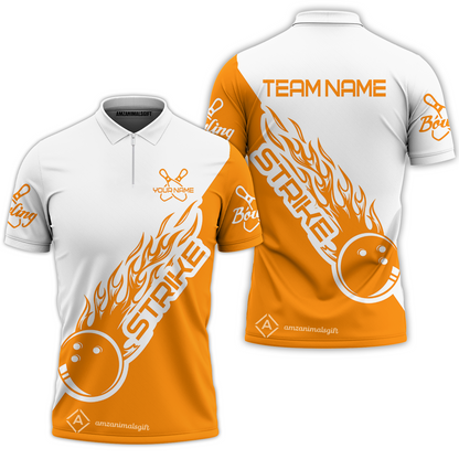 Customized Bowling Team Shirt, Bowling Strike White And Orange Uniform Shirt, Perfect Outfit For Bowlers, Bowling Team