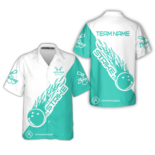 Customized Bowling Team Shirt, Bowling Strike White And Turquoise Uniform Shirt, Perfect Outfit For Bowlers, Bowling Team