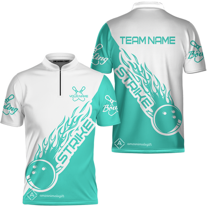 Customized Bowling Team Shirt, Bowling Strike White And Turquoise Uniform Shirt, Perfect Outfit For Bowlers, Bowling Team