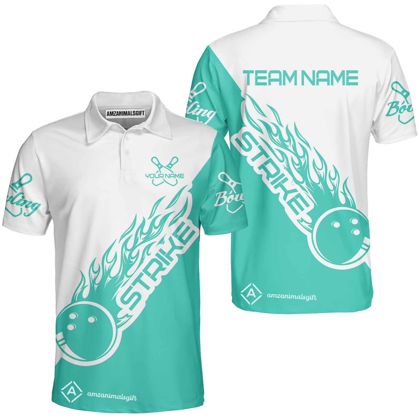Customized Bowling Team Shirt, Bowling Strike White And Turquoise Uniform Shirt, Perfect Outfit For Bowlers, Bowling Team