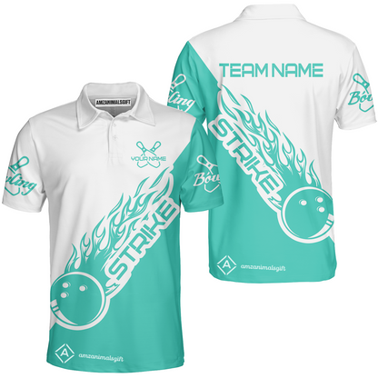 Customized Bowling Team Shirt, Bowling Strike White And Turquoise Uniform Shirt, Perfect Outfit For Bowlers, Bowling Team