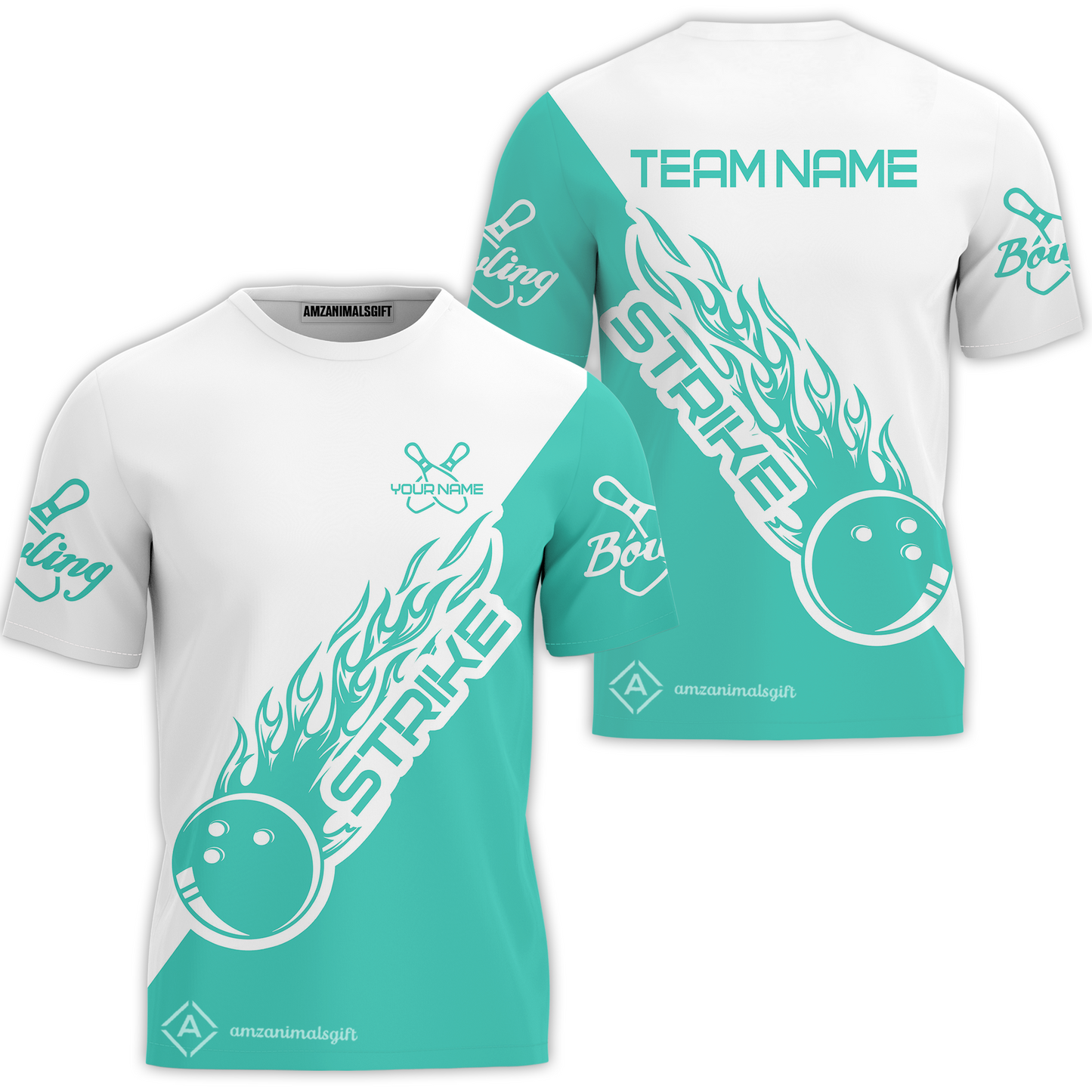 Customized Bowling Team Shirt, Bowling Strike White And Turquoise Uniform Shirt, Perfect Outfit For Bowlers, Bowling Team
