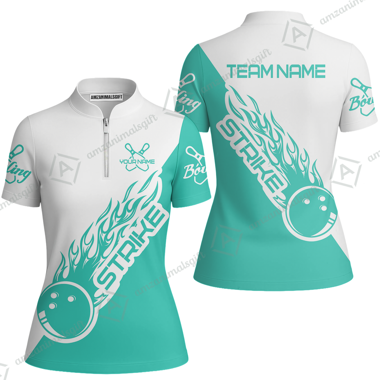 Customized Bowling Team Shirt, Bowling Strike White And Turquoise Uniform Shirt, Perfect Outfit For Bowlers, Bowling Team
