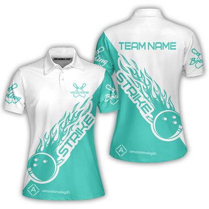 Customized Bowling Team Shirt, Bowling Strike White And Turquoise Uniform Shirt, Perfect Outfit For Bowlers, Bowling Team