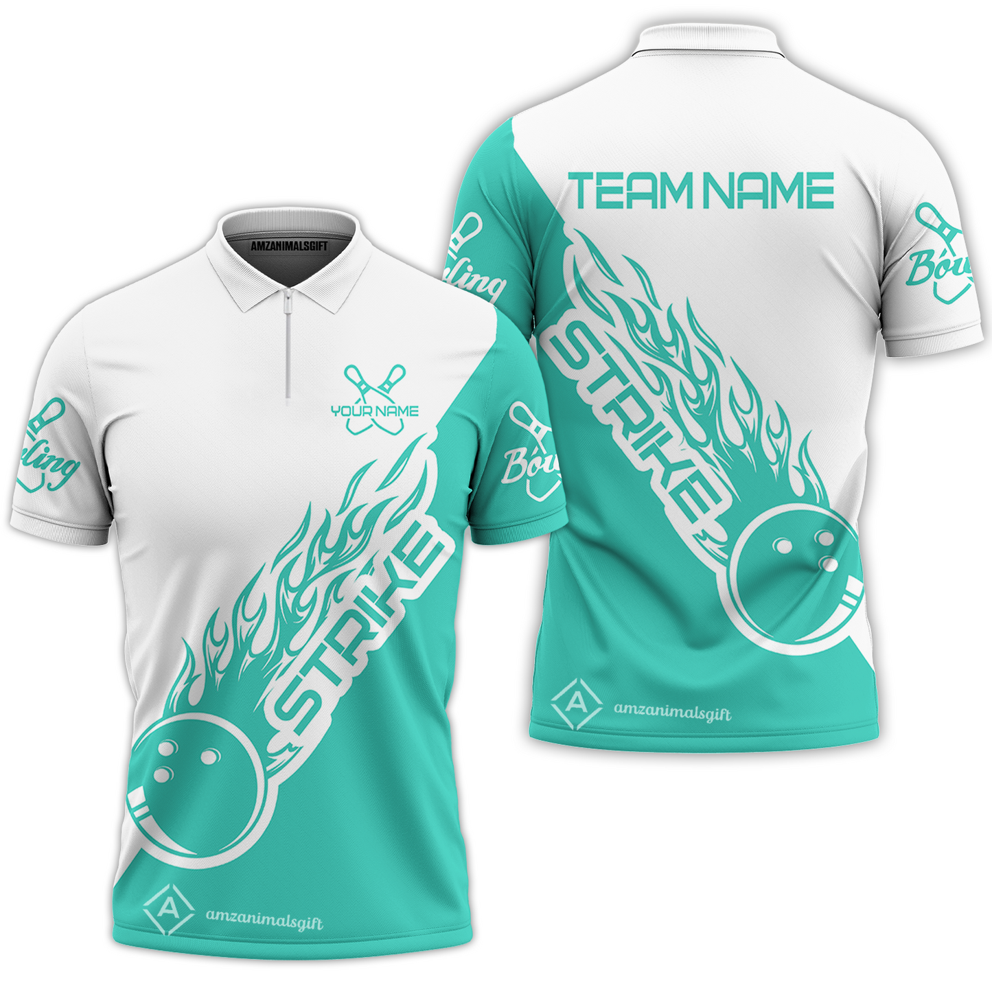 Customized Bowling Team Shirt, Bowling Strike White And Turquoise Uniform Shirt, Perfect Outfit For Bowlers, Bowling Team