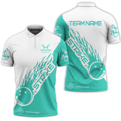 Customized Bowling Team Shirt, Bowling Strike White And Turquoise Uniform Shirt, Perfect Outfit For Bowlers, Bowling Team